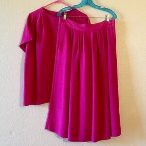 VTG 80s Bright Pink Barbie Pink Two-Piece Oversized Top Pleated Skirt Set Sz L